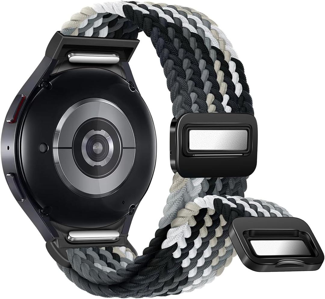 One Click No Gap Braided Bands Compatible with Samsung Galaxy Watch 7 6 4 5 FE Band 40mm 44mm/Galaxy Watch 6 4 Classic 47mm 43mm 42mm 46mm/Watch 5 Pro 45mm, 20mm Elastic Nylon Sport Strap Men Women (M-Black White)