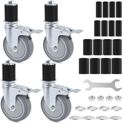 ERKOON 4 Inch Prep Table Caster Wheels Set, 4 Heavy Duty Expanding Stem Casters Fit 7/8", 1", 1-1/2", 1-5/8" Tube Leg with Brake for Stainless Steel Table, Cart, Furniture Legs, Kitchen Workbench