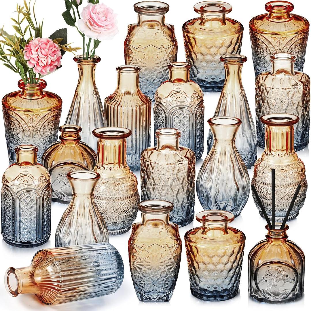 20 Pcs Glass Bud Vase Set Small Vintage Flower Vase in Bulk for Centerpieces Rustic Decorative Glass for Wedding Table Home Christmas Decoration (Blue Brown)