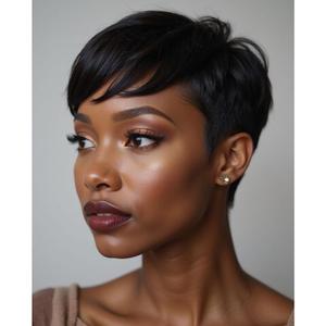 MOONSHOW Short Wigs for Black Women Pixie Cut Wig Black Short Hair Pixie Wigs for Black Women Straight Bowl Cut Wig Black Pixie Wigs With Bangs Short Curly Wigs