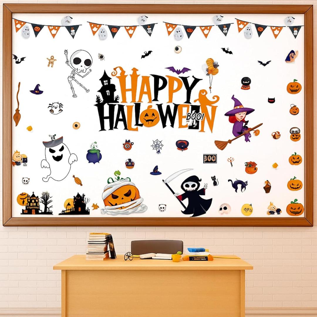 Yexiya 58 Pcs Happy Halloween Bulletin Board Decoration Set Witch Ghosts Pumpkins Cutouts Paper Halloween Classroom Party Decor for Holiday School Classroom Chalkboard Wall Decor Supplies