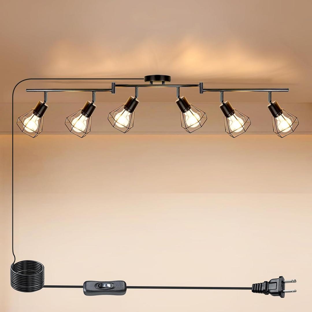 HiBay Plug-in Track Lighting, 6-Light Rotatable Ceiling Light Fixture Black, Industrial Plug-in Track Lights with 16.4Ft Power Cord and in-Line On/Off Rocker Switch for Kitchen, Living Room, Office
