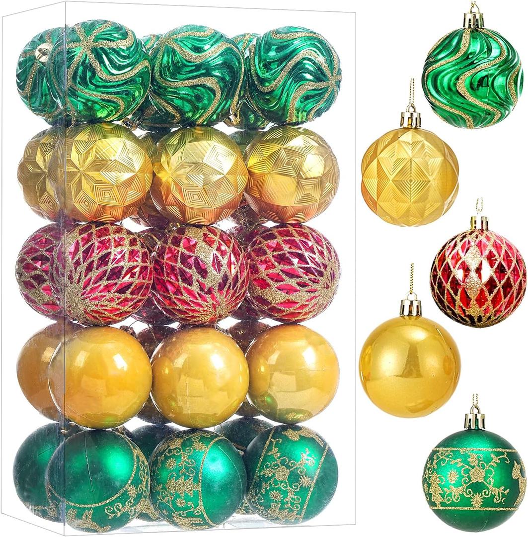 30ct Christmas Ball Ornaments Shatterproof Christmas Hanging Tree Decorative Balls for Party Holiday Wedding Decor Green Gold Red, 2.36",60mm