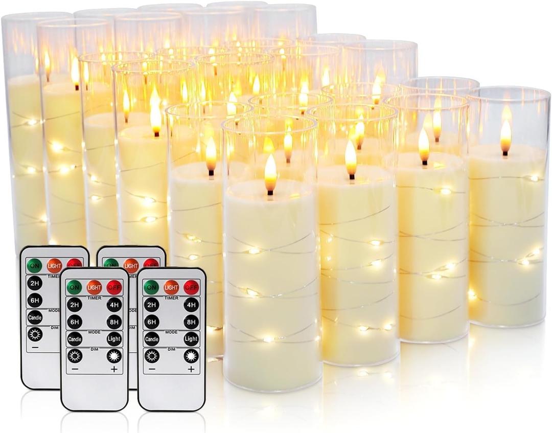 24-Piece Ivory Flameless LED Candles with Remote, Embedded Fairy Lights for Christmas Decor. Battery-Powered with Timer, Safe & Elegant for Cozy Romantic Home, Wedding, Party.