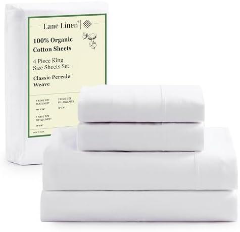 LANE LINEN 100% Organic Cotton King Size Sheets Set, Soft & Comfy All Season Breathable Sheets King Size, Percale Weave Fully Elasticized Eco Friendly Naturally Cooling King White Bed Sheets