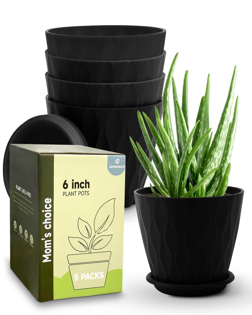 6 Inch Indoor Planter Pots with Drainage Hole and Tray Saucer,Flower Pots for Indoor Outdoor Garden Plants and Flowers, Multicolor, 4 Packs (Black)