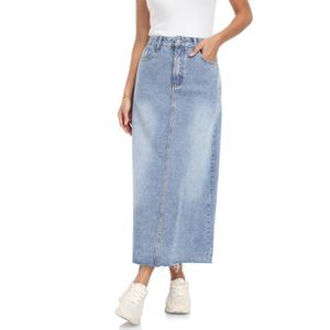 MISS MOLY Women's Jean Skirt Stretch High Waisted Frayed Raw Hem A Line Denim Midi Skirt with Pockets (Medium, 1 Vintage Blue)