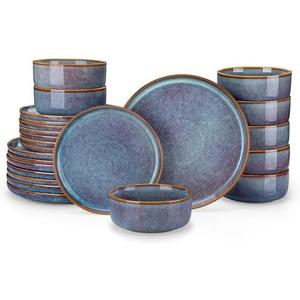 vancasso PLAYA Plates and Bowls Sets, 24 Pieces Grey-Blue Dinnerware Sets for Kitchen, Reactive Glaze Dishes Set for 8, Dishwasher and Microwave Safe