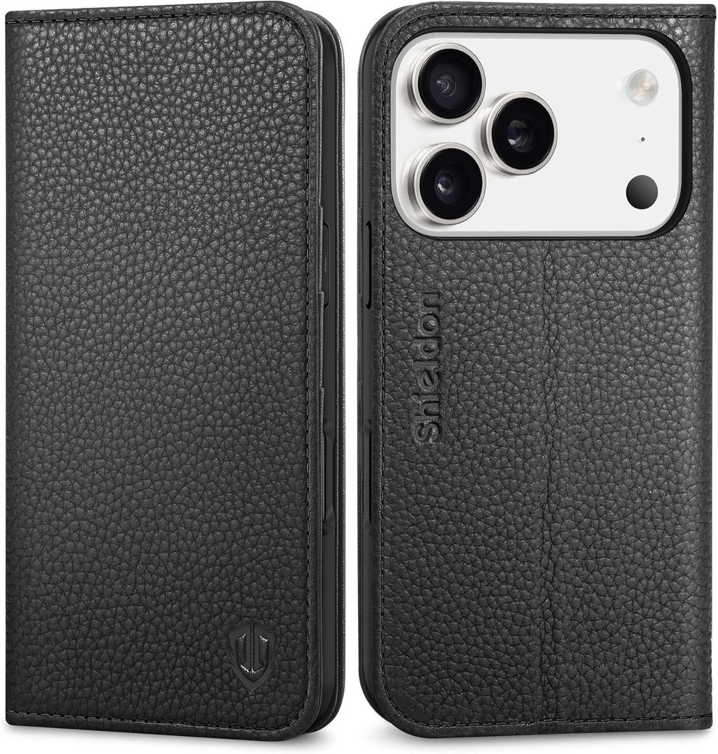 SHIELDON Real Leather Wallet Case for iPhone 17 Pro 6.3 Inch 5G 2025 | Magnetic Cover | RFID Blocking Card Slots | Kickstand | Folio Protective Phone Shell | Women Men | Pebbled Black