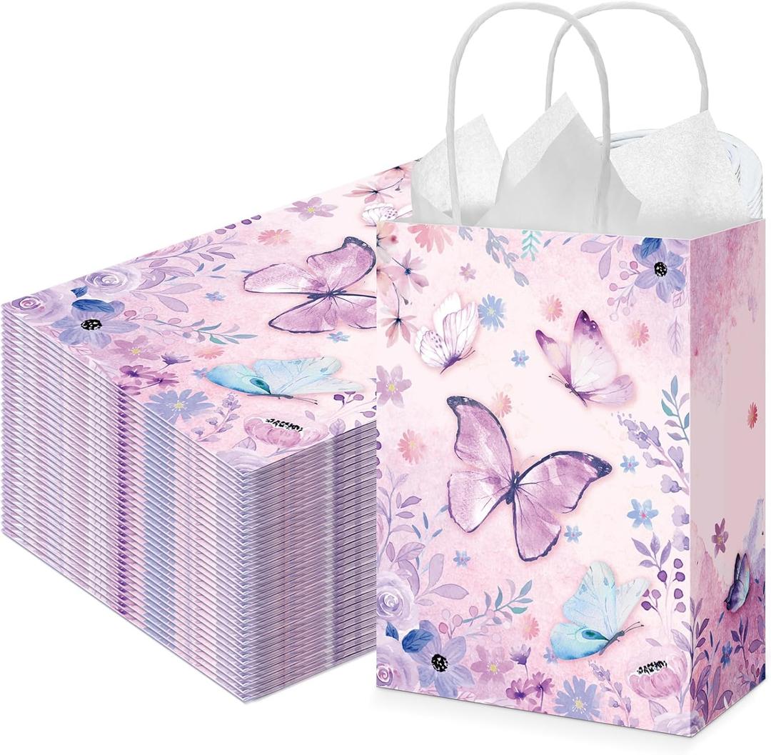 Kolldenn 30 Pcs Butterfly Birthday Party Favor Gifts Bags Candy Goodie Bags with Handles Pink Purple Butterfly Decorations Party Supplies for Girls Birthday Baby Shower Wedding