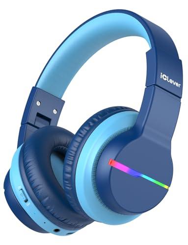 Two (2) iClever BTH12 Kids Bluetooth Headphones,Colorful LED Lights Kids Headphones Wireless,74/85dBA Safe Volume,85H Playtime,Fast Charging,Bluetooth 5.2,Over Ear,Built-in Mic for iPad/Tablet/Airplane,Blue