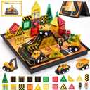 hahaland Mini Magnetic Tiles Travel Road Construction Toys Magnetic Building Blocks with Engineering Vehicles Trucks Case 2-in-1 Road-Themed Box Montessori Birthday for 3-6 Year Old Toddler