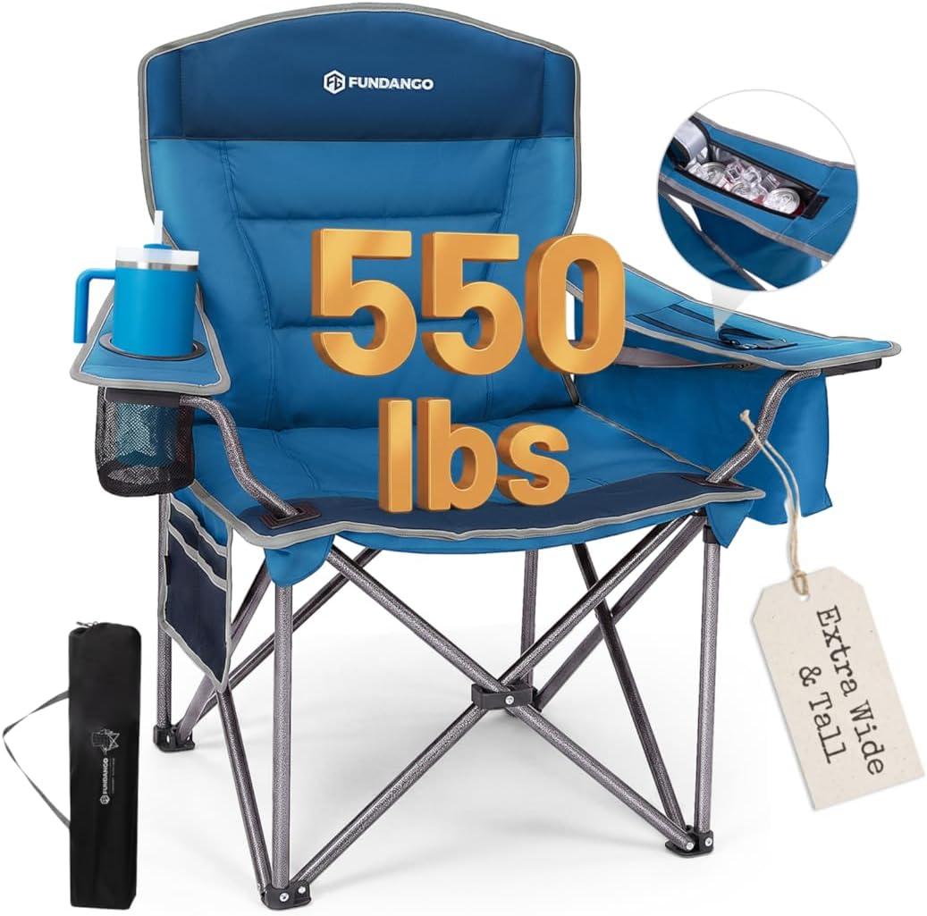 FUNDANGO Oversized Camping Chair, Heavy Duty Folding Chair, 21.65"D x 24.8"W x 38.6"H