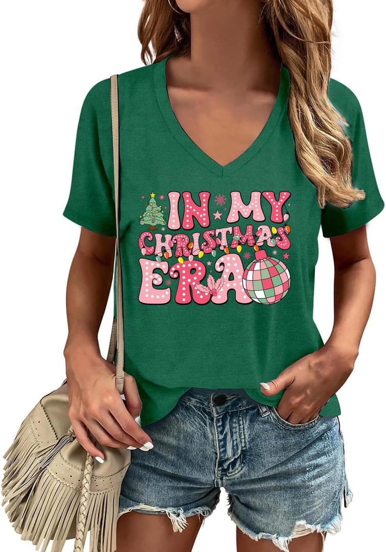 CQF Christmas Shirts for Women in My Christmas Era V Neck T-Shirts Funny Colorful Xmas Holiday Tee Tops, S