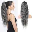 HOOJIH Ponytail Extension, Drawstring Ponytail Hair Extensions 26 Inch Long Curly Wavy Ponytail Natural Wavy Synthetic Hairpiece for Women Daily Use - Ombre Gray
