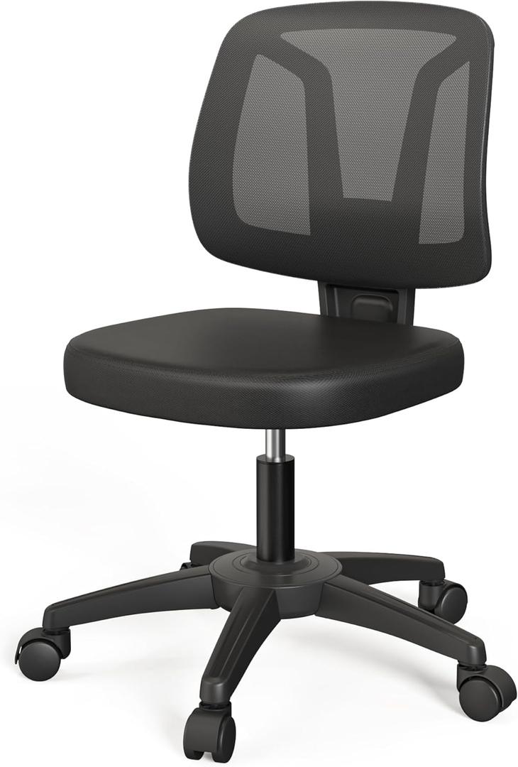 Armless Office Chair Ergonomic Swivel Small Computer Desk Chairs No Armrests with Wheels Adjustable Height Black Task Chairs Without Arms for Small Spaces (Y Shaped Lumbar Support)