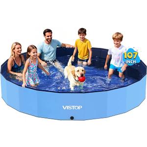 VISTOP Jumbo Foldable Dog Pool, Hard Plastic Shell Portable Swimming Pool for Dogs Cats and Kids Pet Puppy Bathing Tub Collapsible Kiddie Pool (107inch.D x 15.7inch.H, Blue)
