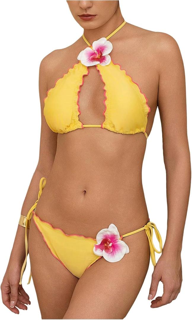 GORGLITTER Women's 3D Flower Floral Swimsuits High Cut Cheeky Triangle Halter Bikini Set (Medium, Yellow)