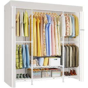 ULIFHOME E3C White Clothes Rack with Beige Cover, Heavy Duty Freestanding Garment Rack, Metal Closet System Storage Organizer for Clothing, Holds up to 850 lbs, 59.5" W x 16.5" D x 77.4" H