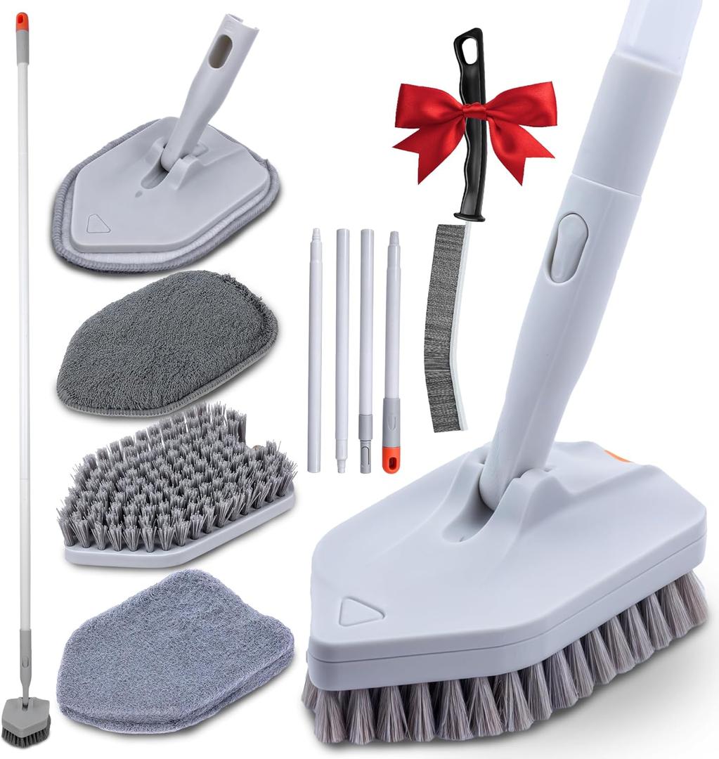 DSV Standard Tile Tub Scrubber Brush Shower Scrubber with Long Handle, 3-in-1 Cleaning Brush with 3 Detachable No Scratch Brush Heads, 56 Scrub Brush for Shower, Bathroom, Wall, Kitchen, Sink, Toilet
