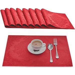Place Mats Set of 8  Rectangle Rectangular Waterproof Fabric Polyester Cloth Washable Wipeable Heat Resistant Placemats for Kitchen Dining Dinner Table Indoor 13 X 19 Inch Red