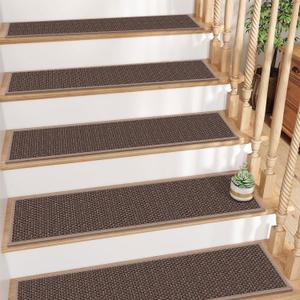 GOYLSER Rubber Backed Jute Carpet Stair Treads Mats, 15 Pack Basement Safety Stair Rug Step Pads, Non Slip Stairway Covers, 8"x30", Light Brown (Set of 15)