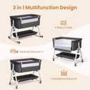 JOYMOR 3 in 1 Baby Bassinet, Bedside Bassinet for Baby, with Comfy Mattress and Wheels, 6 Height Adjustable Easy Folding Portable Bedside Crib for Newborn (Black)