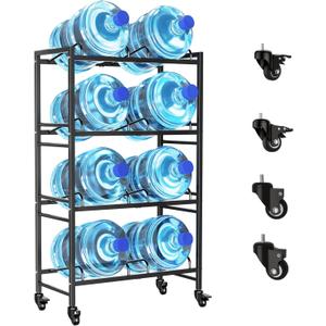 Heavy Duty 4 Tiers Water Jug Rack Double Row with Wheels - Space Saving Dispenser Stand 5 Gallon Water Storage Rack Bottle Jug Holder Organizer/Lockable&Removable Casters/Kitchen Office Garage/8 Slots