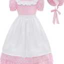 CR ROLECOS Kids Prairie Pioneer Dresses for Girls Ruffles Colonial Pilgrim Costumes Dress 3 Pieces Pink Polka Dots XL