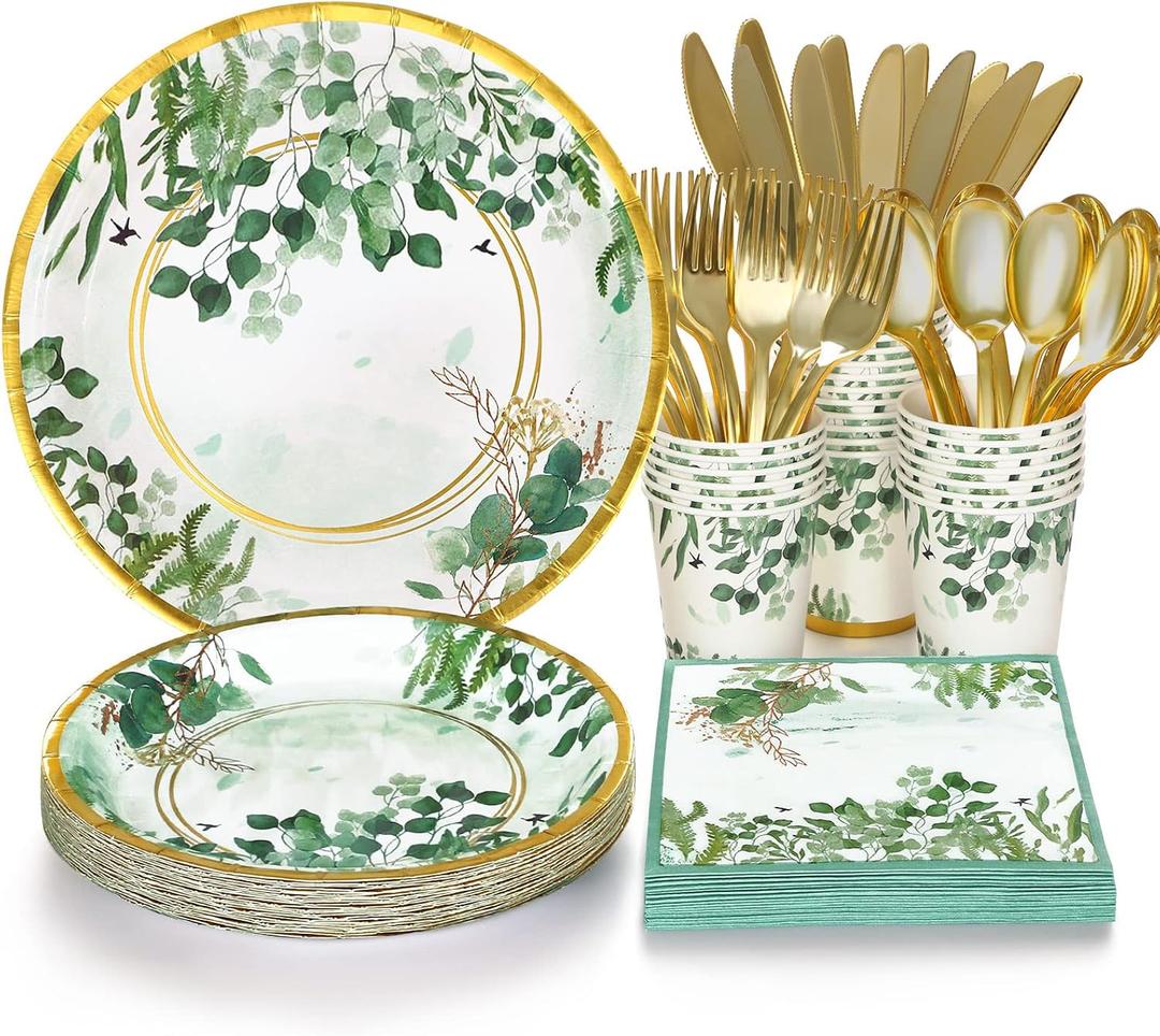 168 Pcs Sage Green Baby Shower Decorations, Sage Green Plates, Bridal Shower Plates and Napkins sets, Eucalyptus Baby Shower Birthday Baptism Wedding Shower Decorations, Serves 24