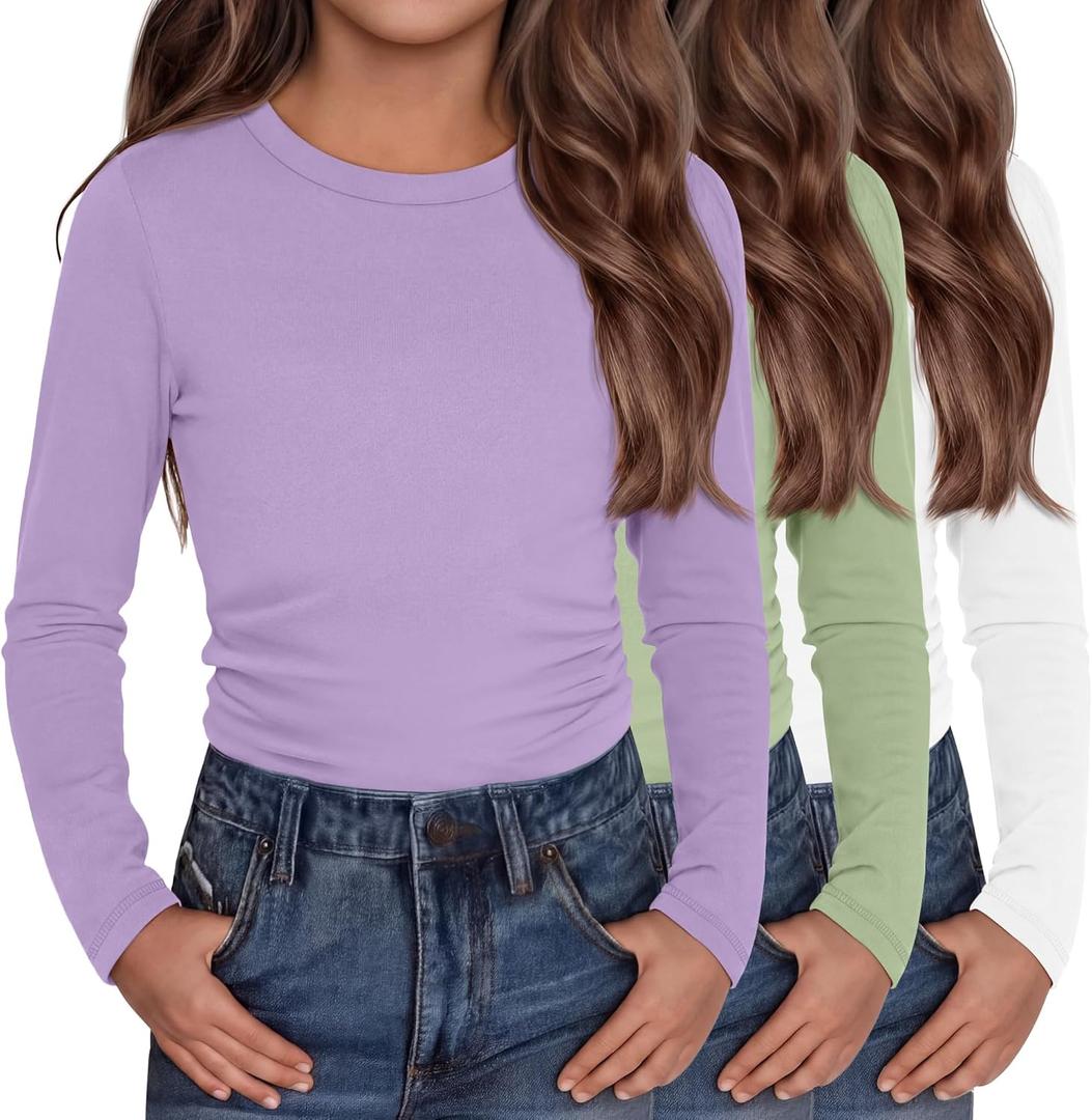 3 Pack Girls Long Sleeve Shirts Kids Slim Fit Crew Neck Tops Ruched Soft Basic Undershirts Layering Tees 5-14 Years (11-12 Years, Cream, Light Grass Green, Taro Purple)