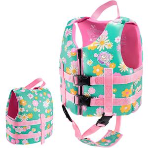 Pottwal Swim Vest for Kids - Swim Jacket - Made of Neoprene & EPE - with Adjustable Crotch Strap (Small, Green Flowers)