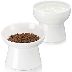 2 Pcs Cat Ceramic Raised Bowls, Elevated Tilted Cat Feeder Bowl for Food and Water, Fatigue Relief, Backflow Prevention, Dishwasher Microwave Safe, Feeder Dish for Indoor Kitten, Small Dogs