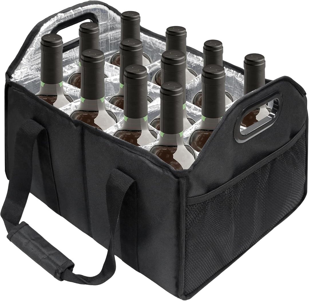 12 Bottle Carrier Collapsible Bottle Caddy with Handles Storage Box for Travel Picnics Weddings Shopping Tasting (Black), Large
