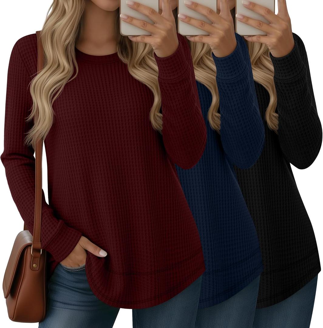 3 Pack Women's Waffle Knit Sweatshirts Crew Neck Long Sleeve Tops Casual Loose Fit Pullover Tees Curved Hem Shirts (Large, Black, Navy Blue, Wine Red)