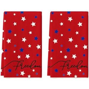 Artoid Mode Red Freedom Stars America Patriotic 4th of July Kitchen Towels Dish Towels, 18x26 Inch Memorial Day Decoration Hand Towels Set of 2