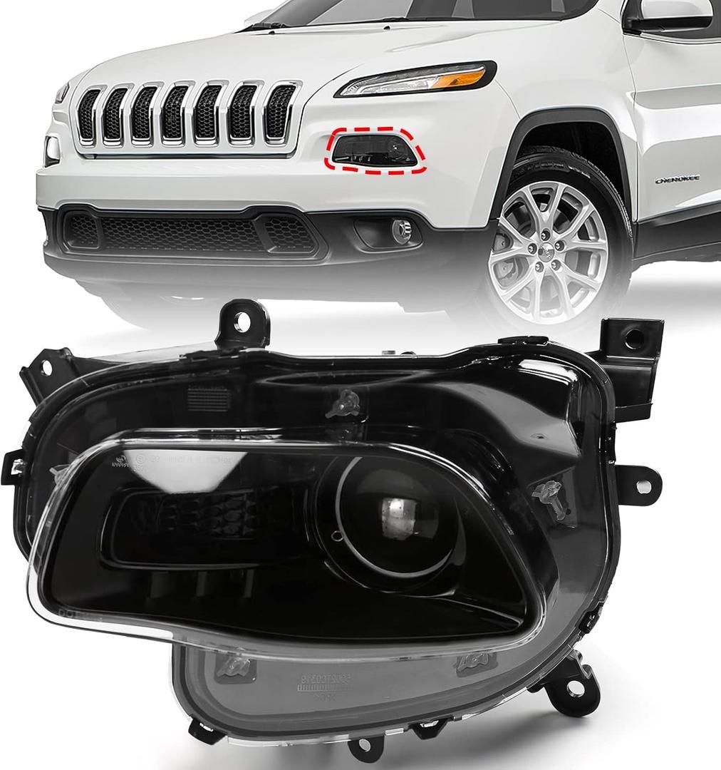 FIONE for Jeep Cherokee Headlights Assembly 2014-2018 Left Driver Side Halogen Black Trim Headlamps 68102847AE CH2502249