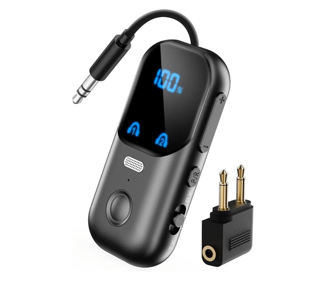 Bluetooth 5.4 Transmitter Receiver for 2 AirPods/Headphones, 2-in-1 Airplane Bluetooth Adapter with Mic for Hands-Free Calls, Low Latency, Wireless Audio Adapter for Travel Flight TV Speakers