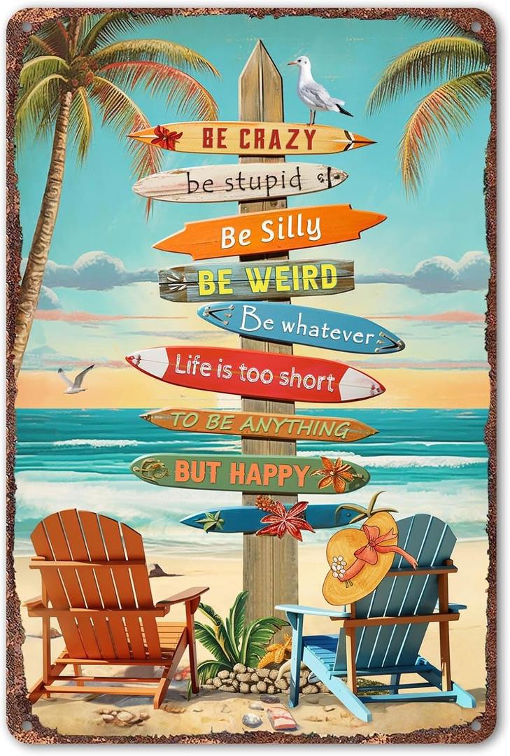 Tropical Beach Sign 12x8 Inch - Colorful Surfboard Art for Home, Office, Beach House, Small Beach Decor(280)