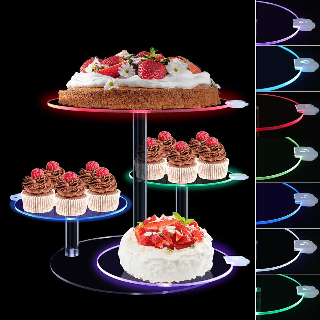 Cake Stand with Rechargable Light, 4 Tier LED Acrylic Cupcake Stand, Round Cake and Cupcake Stand Combo, Clear Tiered Cake Tower Stands for 50 Cupcakes, Display Stand for Wedding Birthday Party