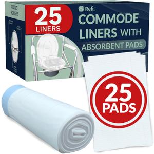Reli. Commode Liners with Absorbent Pads (25 Pack) | 25 Each (Liner and Pad) | Use in Bedside Toilet Chair Bucket | Portable Toilet Poop Bags | Disposable Bedpad Liner/Waste Bags