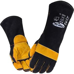 TOPDC Welding Gloves 16 Inches 932℉ Fire/Heat Resistant Leather Welding Gloves For Mig, Tig, Stick, Forge, BBQ, Grill, Fireplace, Wood Stove, Furnace, Oven, Animal Handling for Safe, Loving Pet Care Size 16