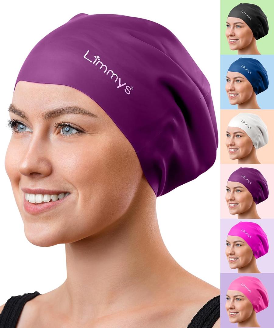 Limmys Adult Long Hair Swimming Cap - 100% Silicone Swim Caps for Men and Women - Premium Quality, Stretchable and Comfortable Swimming Hats, Purple, Large