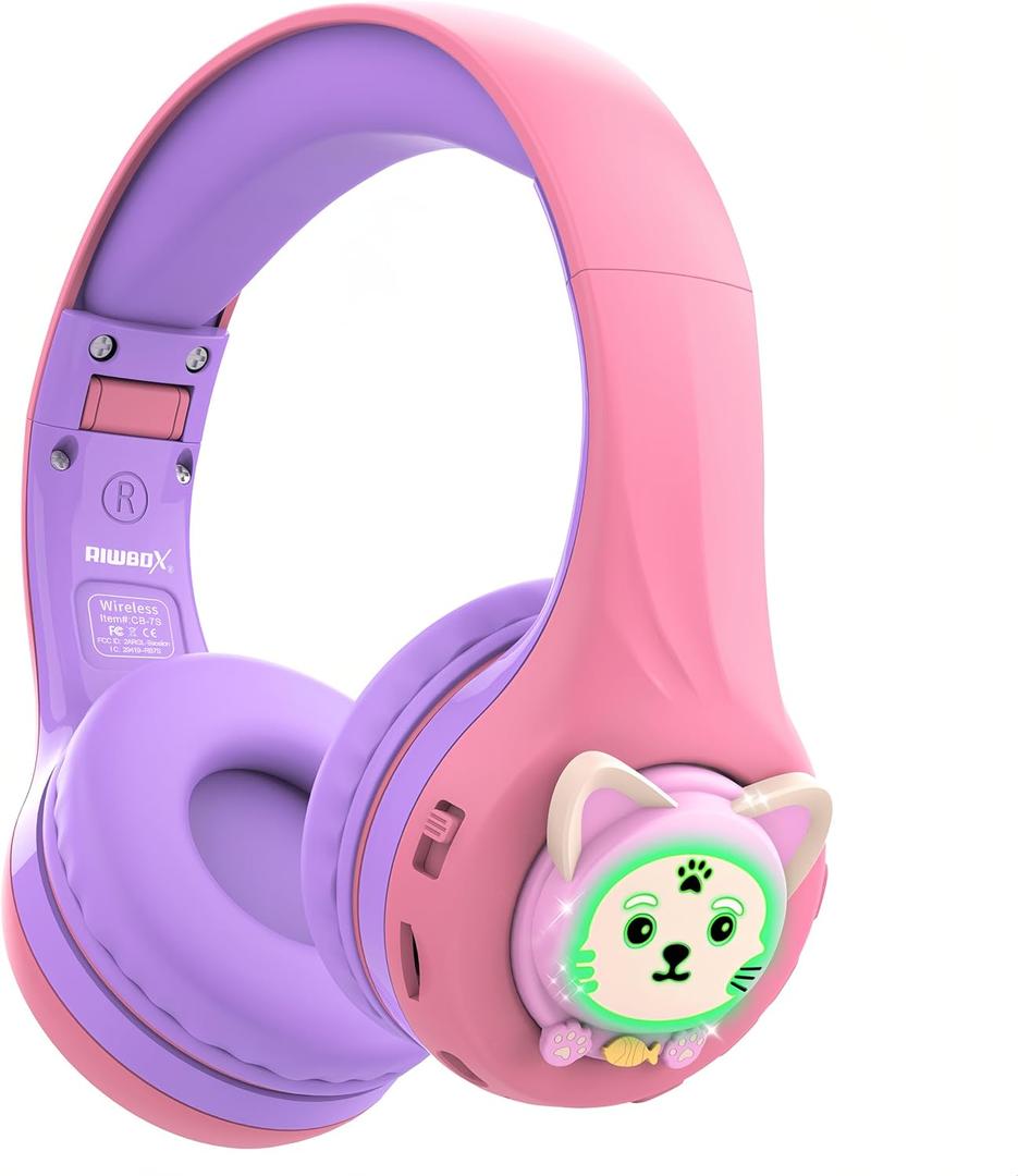 Riwbox CB-7S Kids Wireless Headphones,with Safe Volume Control 74/85/95dB,LED Glow Lights,50H Playtime,Bluetooth V5.3,Built-in Mic, TF Card Slot,for Travel/School/Phone/Laptop(Pink&Purple)