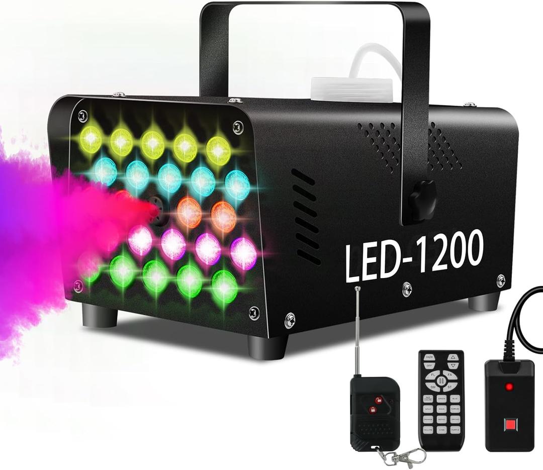 Fog Machine 24 Colorful LED Lights Effect 1200W Smoke Machine and 2500CFM Fog with 1 Wired Receiver and 2 Wireless Remote Controls Perfect Present for Christmas Party Wedding DJ Performance and Stage (9.8*5.5*4.7 Inch)