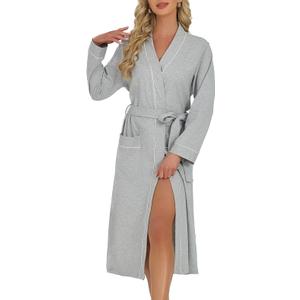 2SKIIN Women's Organic Cotton Robe, Lightweight Long Kimono Bathrobe for Women, Soft Spa Lounge Sleepwear with Pockets , U2skiin, S/M