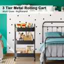 3 Tier Rolling Carts Metal Rolling Storage Cart Utility Carts with Lockable Wheels & Hanging Cups & Hooks Mobile Trolley Cart for Kitchen Bathroom Office Workshop