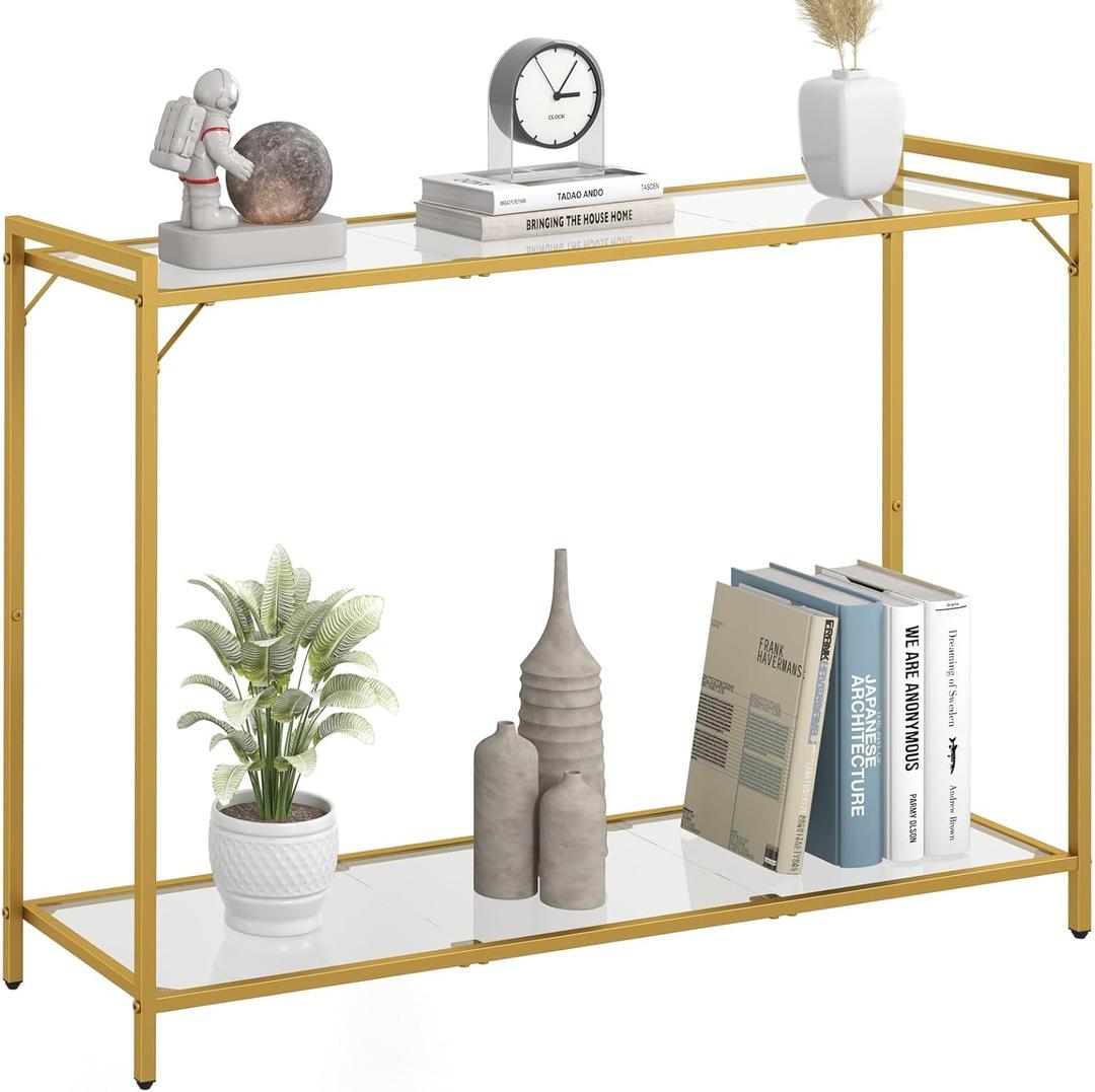 Livofloral 40.6" Console Table for Entryway, 2-Tier Hallway Table for Entryway, Tempered Glass Shelf, Sturdy Console Table with Storage, Narrow Console Table for Living Room, Modern Style, Gold