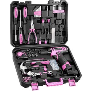 PULITUO Drill Set, 148-Piece Home Tool Set with 12V Pink Cordless Drill, Hand Tool Kits, and Tool Box, Suitable for Men, Women, and DIY Enthusiasts for Home Improvement.