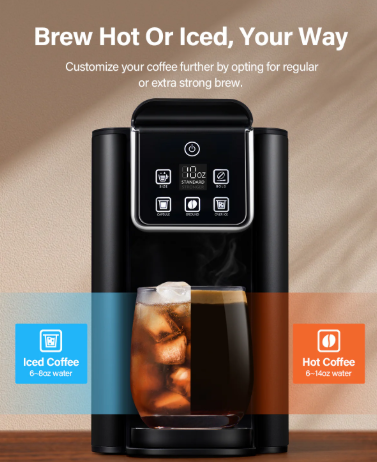 KIDISLE Hot & Iced Coffee Maker with Bold Setting, Single Serve Coffee Maker for K Cup and Grounds, 6-14 Oz Brew Sizes, 50 Oz Removable Water Tank, One Cup Coffee Machine with Reusable Filter, Black 